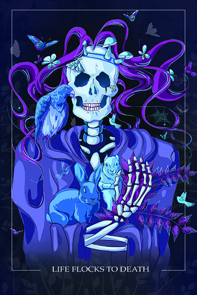 Gothic art of skeletal figure with purple hair holding blue roses and butterflies - Life Flocks to Death artwork