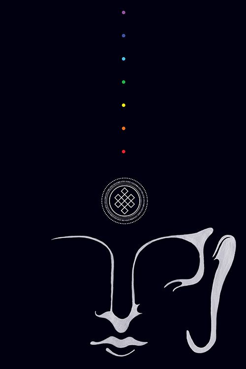 Minimalist Buddha face illustration with seven chakra colored dots and geometric mandala symbol on dark background
