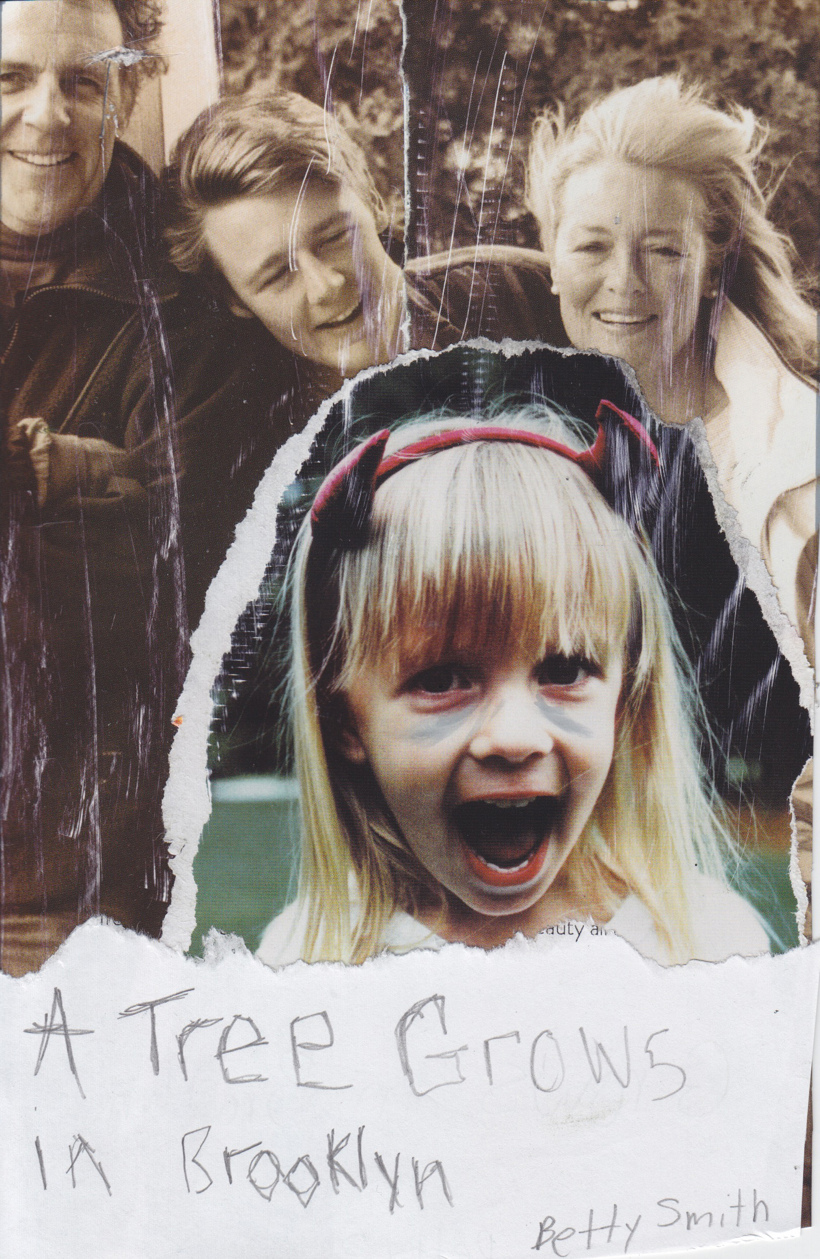 A young blonde girl with a big smile in foreground, with three adults smiling behind her in what appears to be a family photo.