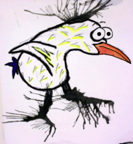 Cartoon drawing of a scruffy white bird with messy black feathers, orange beak, and googly eyes on purple background
