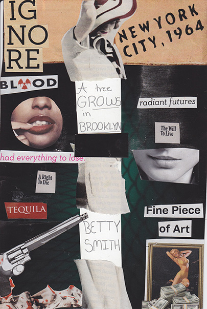 Vintage collage artwork featuring cutout images, text fragments including New York City 1964, Brooklyn, and Betty Smith
