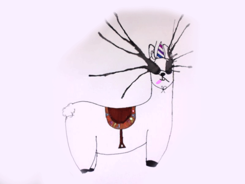 Cartoon llama character with black spiky hair, decorative saddle blanket, and colorful face markings on pink background
