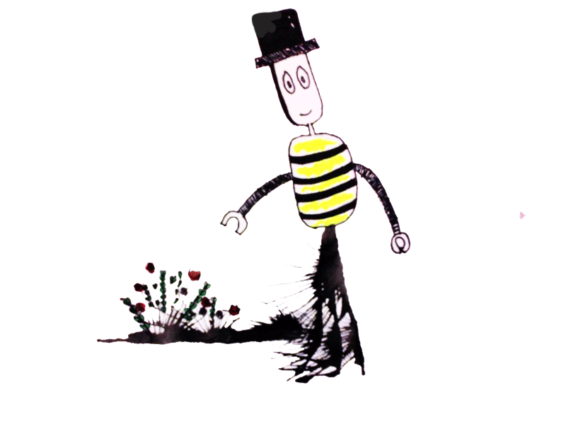 Whimsical cartoon character in top hat with yellow and black striped body walking through garden with flowers