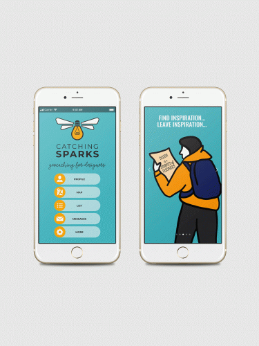 Two smartphones displaying Catching Sparks geocaching app - menu screen and inspirational illustration of hiker reading map