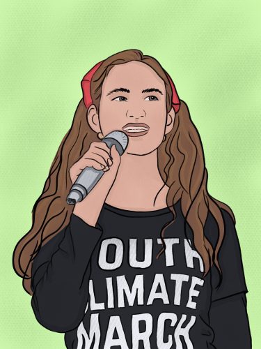 Young woman with long brown hair speaking into microphone wearing black Youth Climate March t-shirt on green background