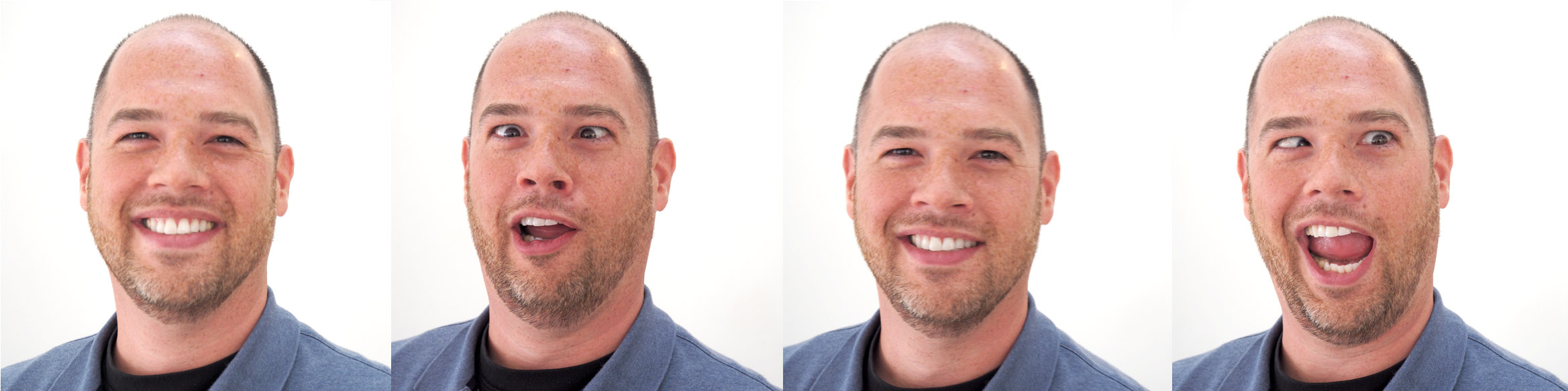 OLYMPUS DIGITAL CAMERA Four headshots of bald man with beard showing different facial expressions in blue shirt against white background