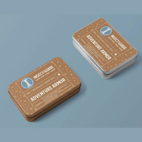 Adventure Armor insect repellent tins - brown outdoor protection product packaging with dotted pattern design