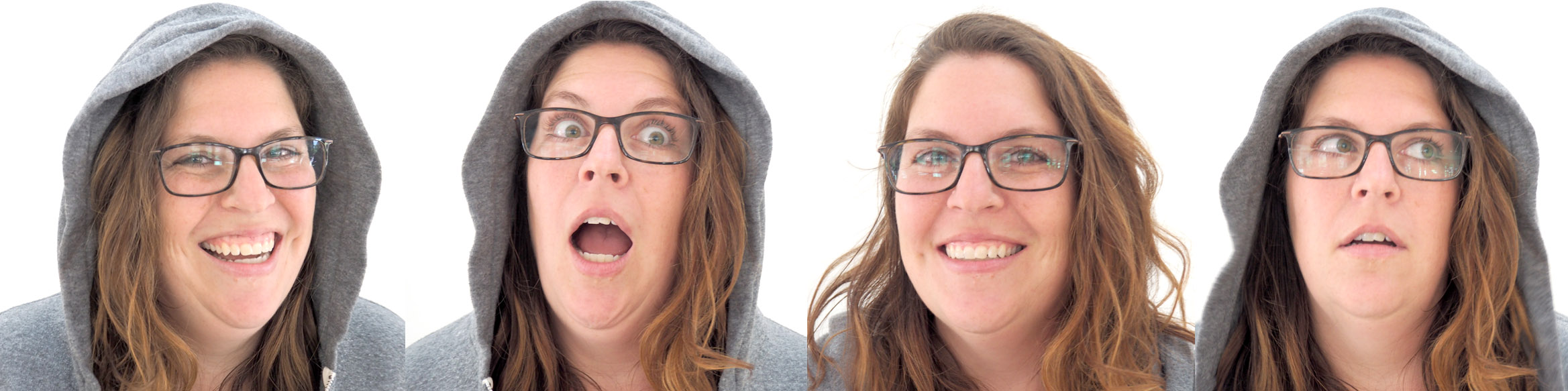 Woman in glasses and gray hoodie showing four different facial expressions from happy to surprised