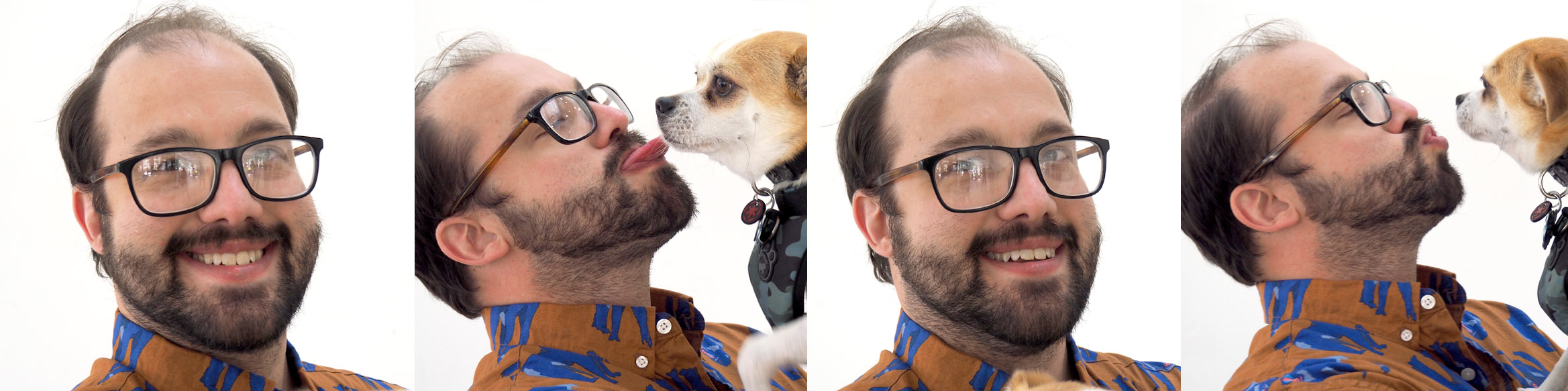 OLYMPUS DIGITAL CAMERA Man with glasses and beard in blue patterned shirt smiling, with small dog giving him kisses in playful photo series