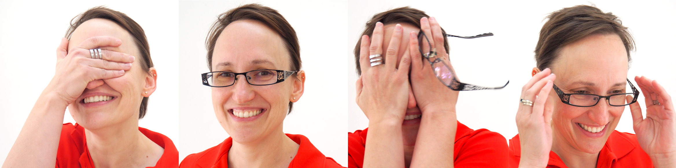 Woman in red shirt demonstrating four stages of putting on eyeglasses, from covering eyes to wearing them properly.