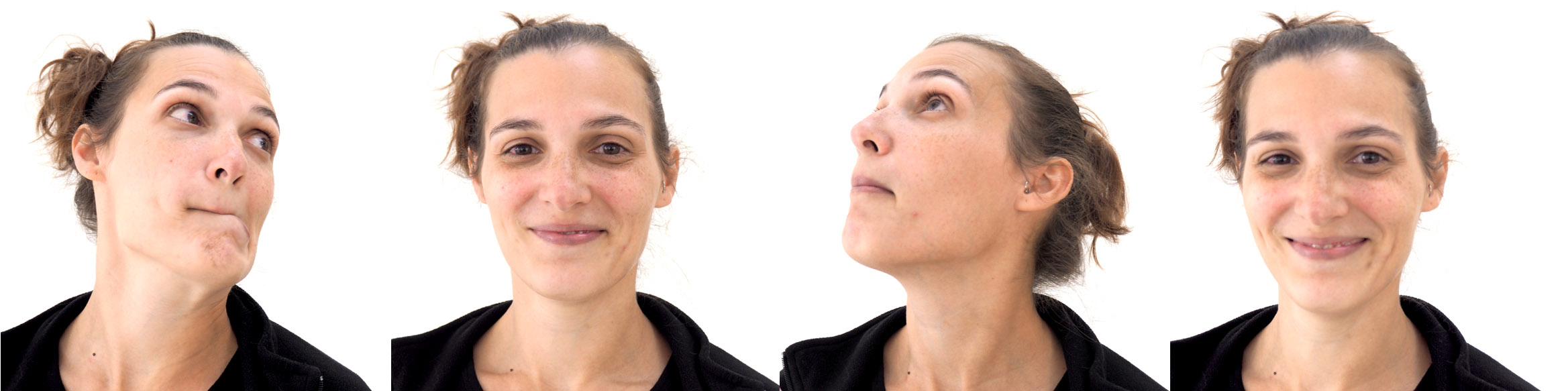 Woman showing four different facial expressions and head positions in sequential portrait photos