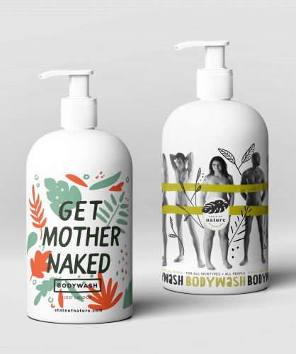 Two white pump bottles of natural body wash with colorful botanical designs and Get Mother Naked branding