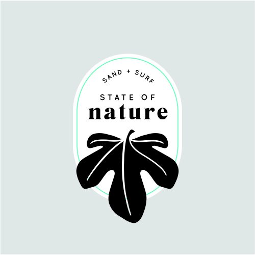 Logo for State of Nature brand featuring black leaf design with Sand + Surf text in circular green border