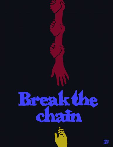Break the chain poster with red chained arm reaching down to yellow hand below on dark background