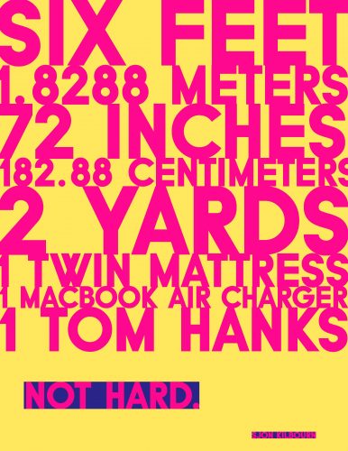 Colorful typography poster showing height measurements in feet, meters, inches, centimeters and yards with NOT HARD message