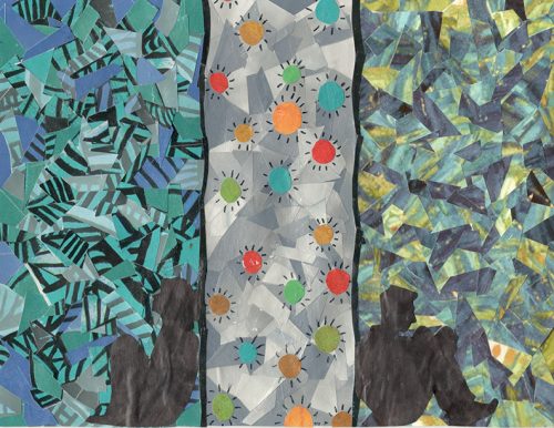 Colorful mixed media artwork with three vertical panels featuring collaged paper, botanical patterns, and geometric shapes