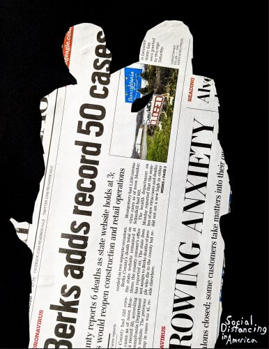Torn newspaper clippings showing headlines about retail store closures and economic impact during social distancing period