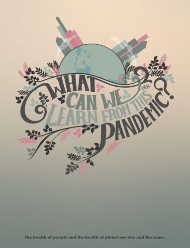 Decorative poster with Earth globe, buildings, and floral elements asking What can we learn from the pandemic?