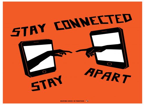 COVID-19 poster showing two tablets with hands reaching toward each other, text reads Stay Connected Stay Apart