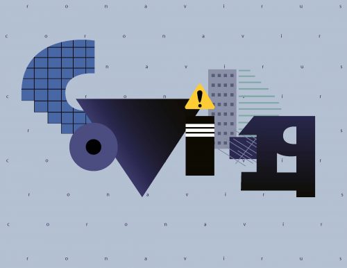 Coronavirus COVID-19 warning illustration with geometric shapes, grid patterns, and yellow alert triangle symbol