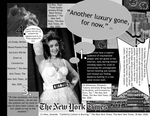 Black and white collage featuring Madonna, virus imagery, and New York Times headlines about COVID-19 pandemic impacts.
