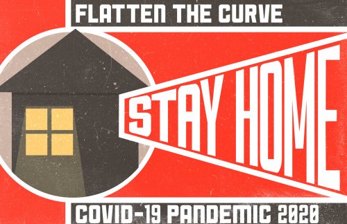 COVID-19 stay home poster with house icon and Flatten the Curve message from 2020 pandemic in red and gray design