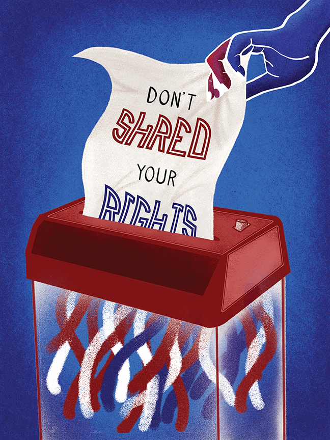 Political illustration of hand putting Don't Shred Your Rights document into red shredder on blue background