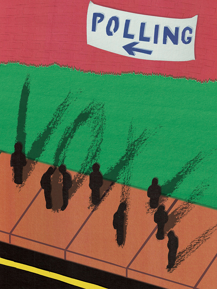 People in line casting shadows while waiting to vote at polling station with directional sign