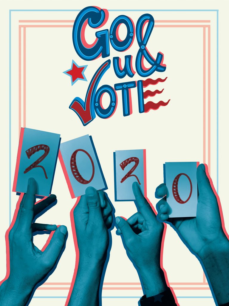 Go out and vote 2020 poster with hands holding voting cards in patriotic red, white and blue design