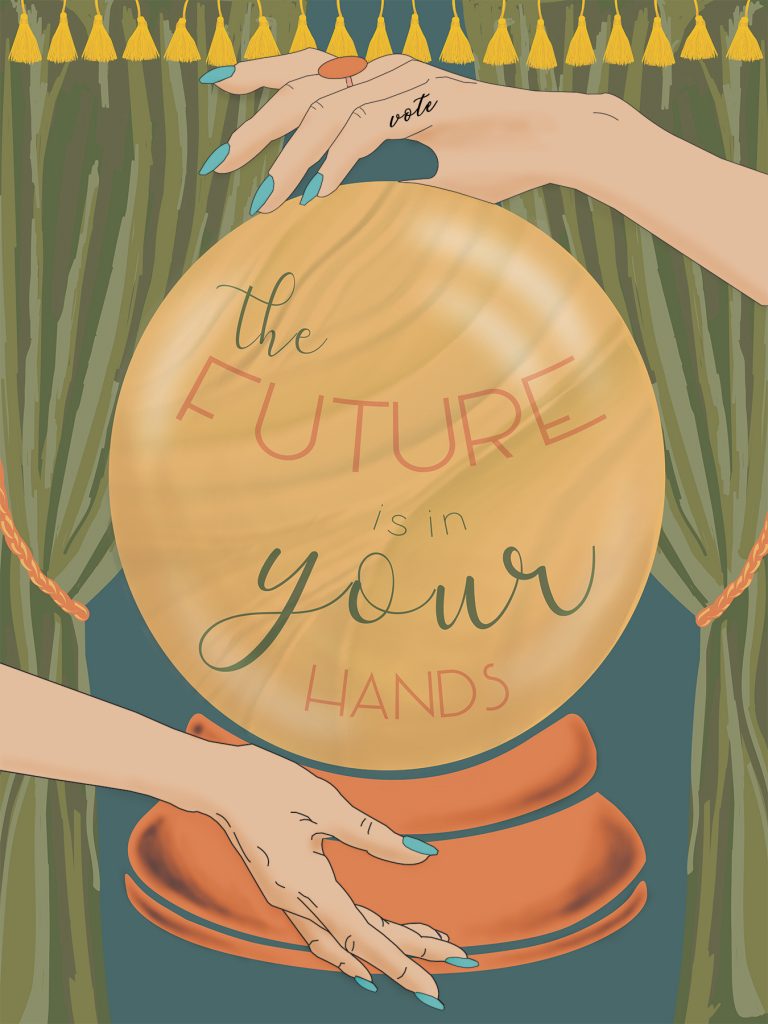 Hands surrounding crystal ball with the FUTURE is in your HANDS text, fortune teller theme with curtains and tassels