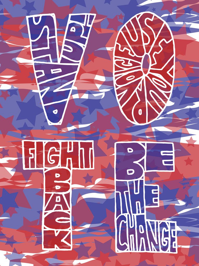 Political campaign poster with VOTE message in red, white and blue patriotic design with stars and stripes background
