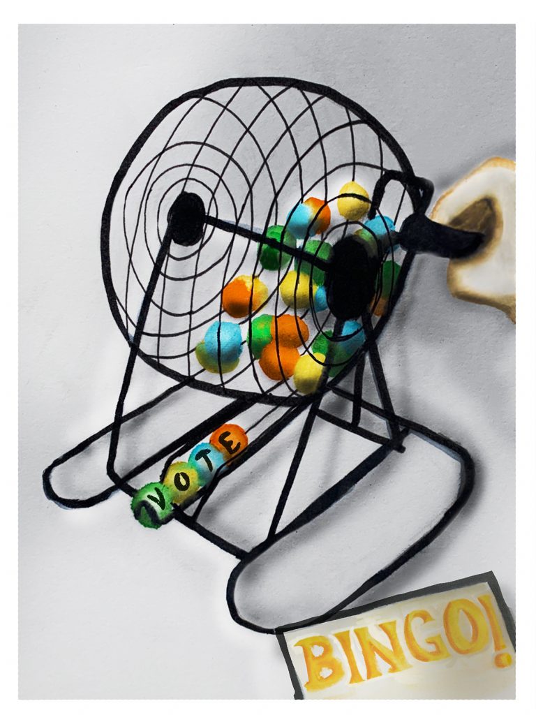Small bingo cage with colorful numbered balls and BINGO! card on white surface for lottery games