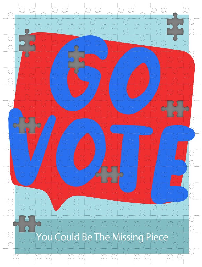 Go vote puzzle with missing pieces on light blue background encouraging civic participation
