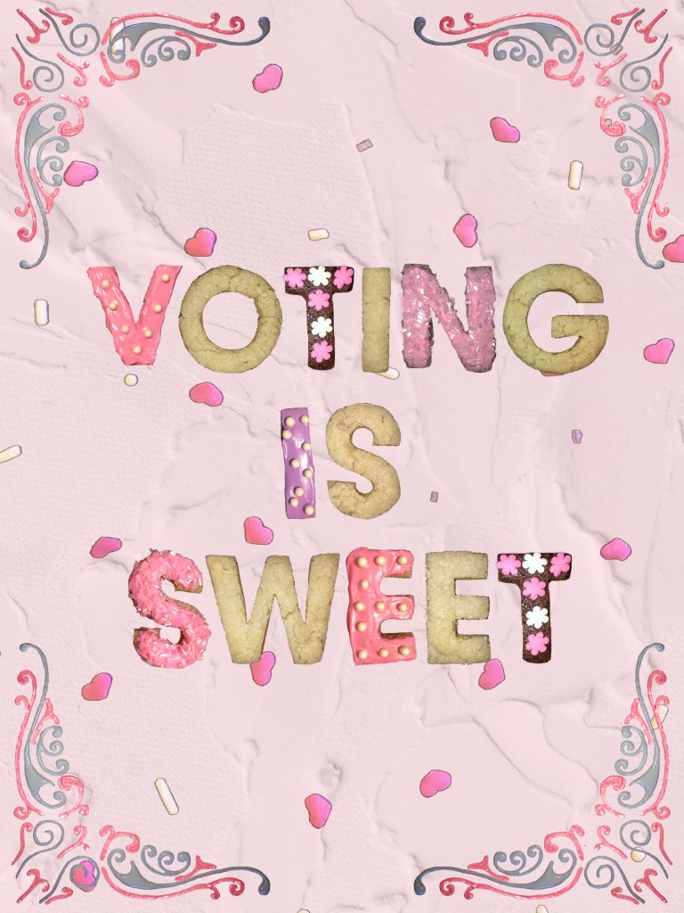 Pink decorative voting poster with ornate borders, heart confetti, and VOTING IS SWEET text in cookie-style letters
