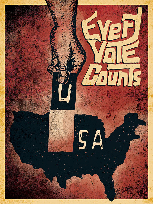 Vintage poster showing hands putting ballot in box above USA map silhouette with Every Vote Counts text
