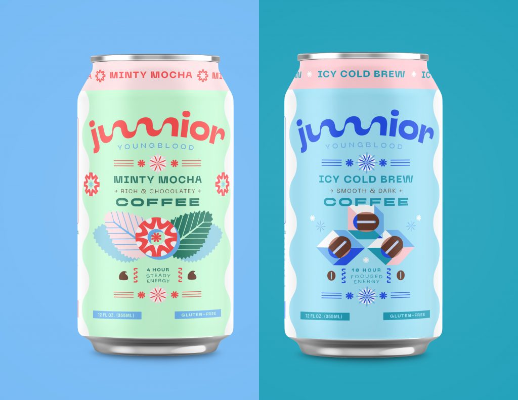 Two Junior Youngblood coffee cans: Minty Mocha in green and Icy Cold Brew in blue, both 12 fl oz gluten-free beverages