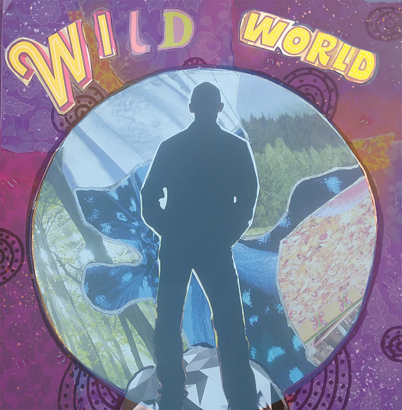 Wild World album cover art featuring silhouetted figure standing on Earth against purple cosmic background