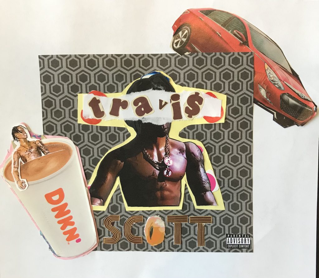 Travis Scott album cover with red car, coffee cup, and hexagonal pattern background showing rapper's silhouette