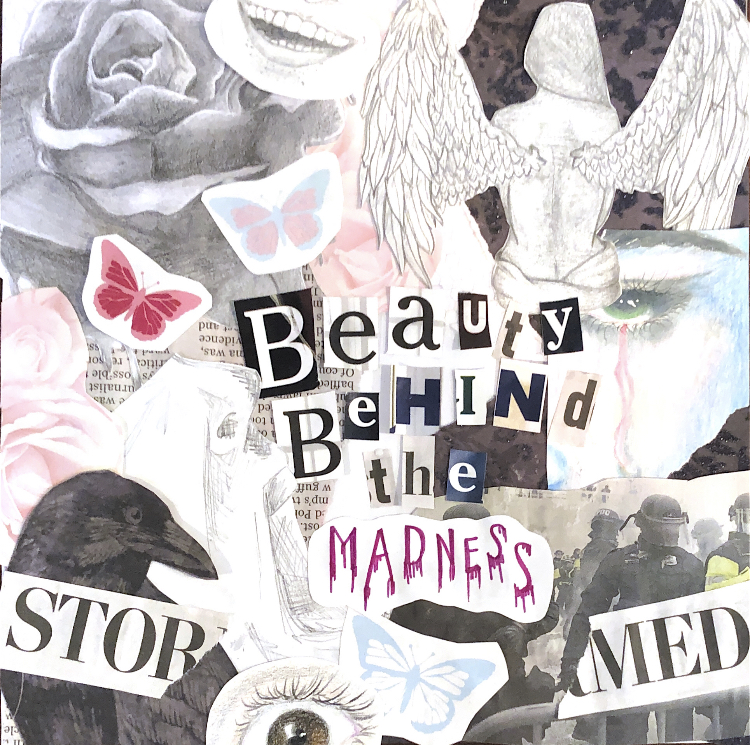 Artistic collage with angel wings, roses, butterflies and text reading Beauty Behind the Madness in mixed media style