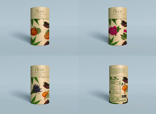 Fleur botanical skincare product tubes with colorful floral packaging designs displayed on light blue background
