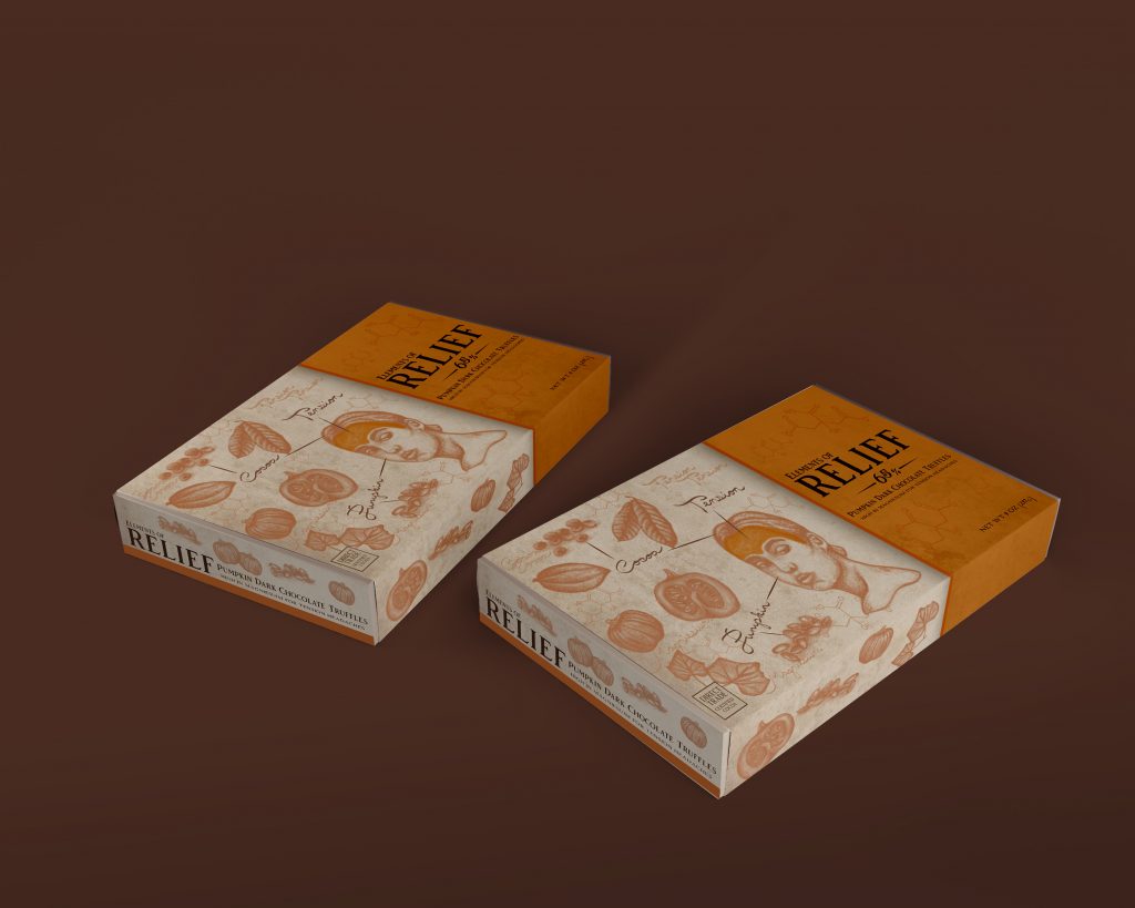 RELIEF chocolate truffle boxes with orange branding and decorative cocoa bean illustrations on brown background