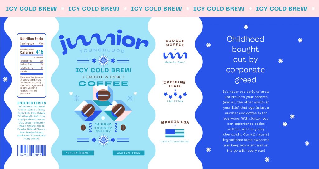 Junior Youngblood icy cold brew coffee can label showing nutrition facts, ingredients, and high caffeine level branding