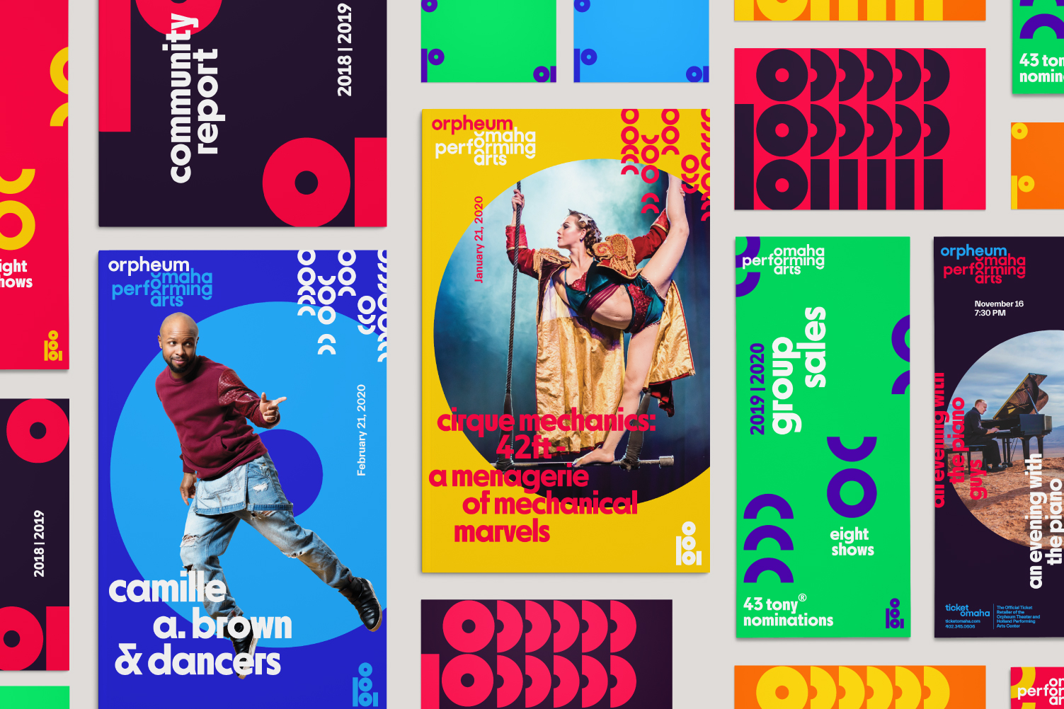 Colorful promotional posters for Orpheum Performing Arts featuring various shows, performers, and vibrant graphic design elements.