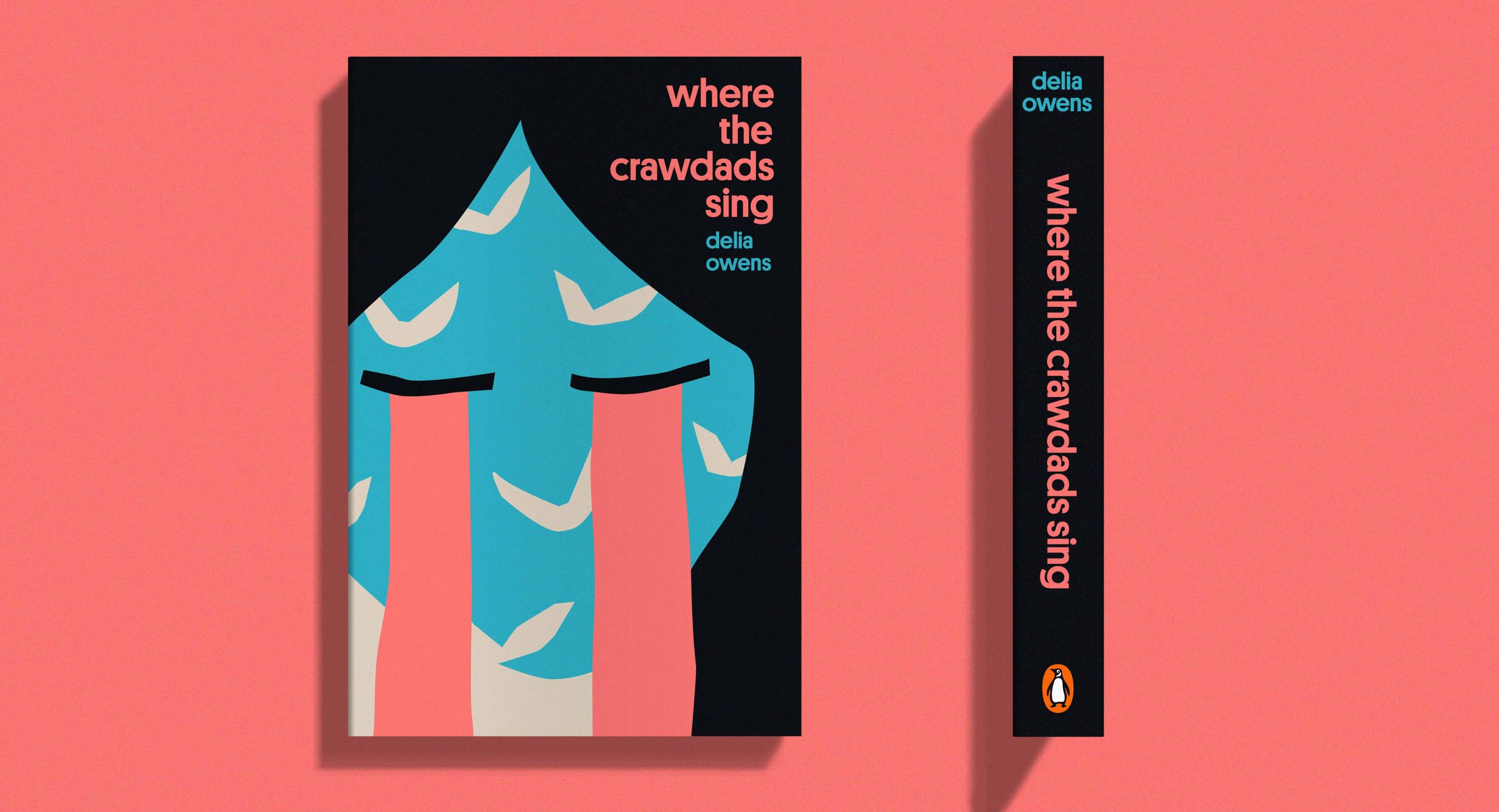 Book cover of Where the Crawdads Sing by Delia Owens featuring stylized blue face with coral tears on black background