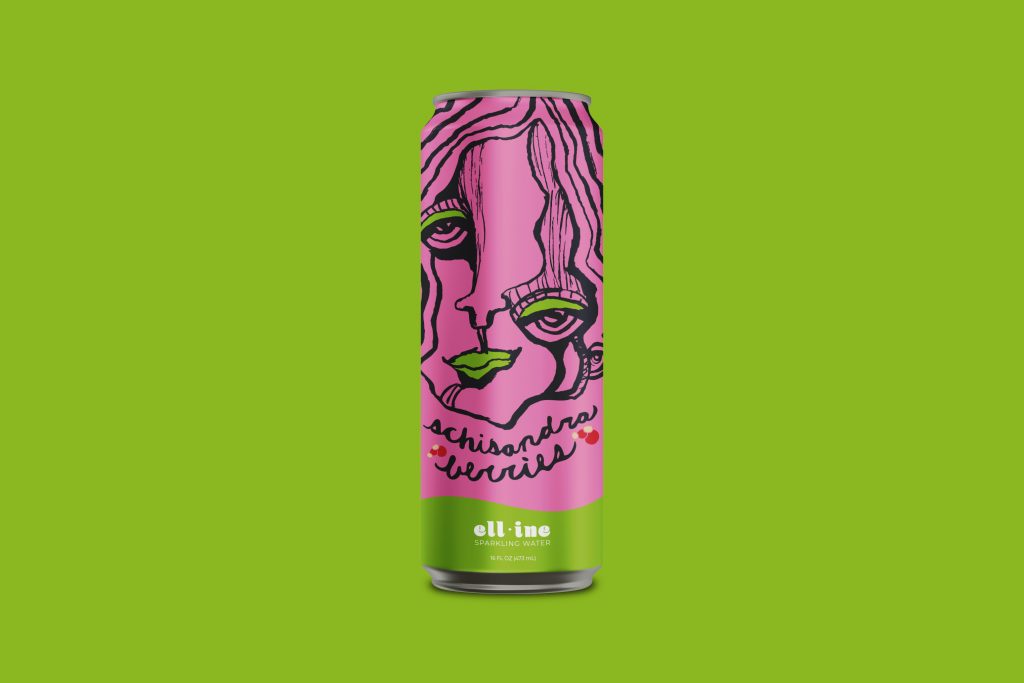 Ollimo sparkling water can with pink artistic face design featuring Schisandra Berries flavor on green background
