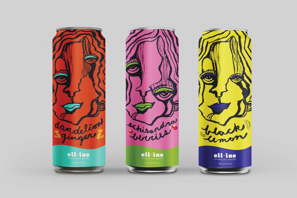 Three colorful ell·ine sparkling water cans with artistic face designs in dandelion ginger, schisandra berry, and black lemon flavors