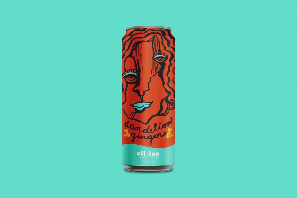 Elline sparkling water can with artistic orange face design featuring dandelion ginger flavor on turquoise background