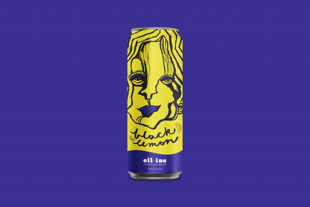 Yellow illustrated can of elli-ine sparkling water with artistic face design and black lemon text on purple background