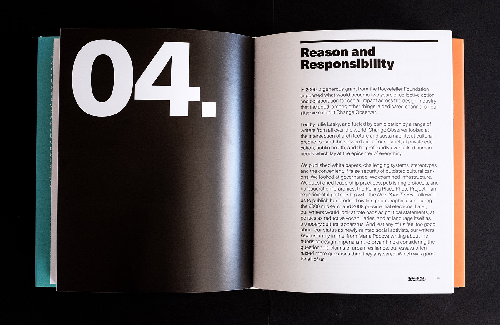 Open magazine spread showing 04. on black page and Reason and Responsibility chapter with text about design industry impact.