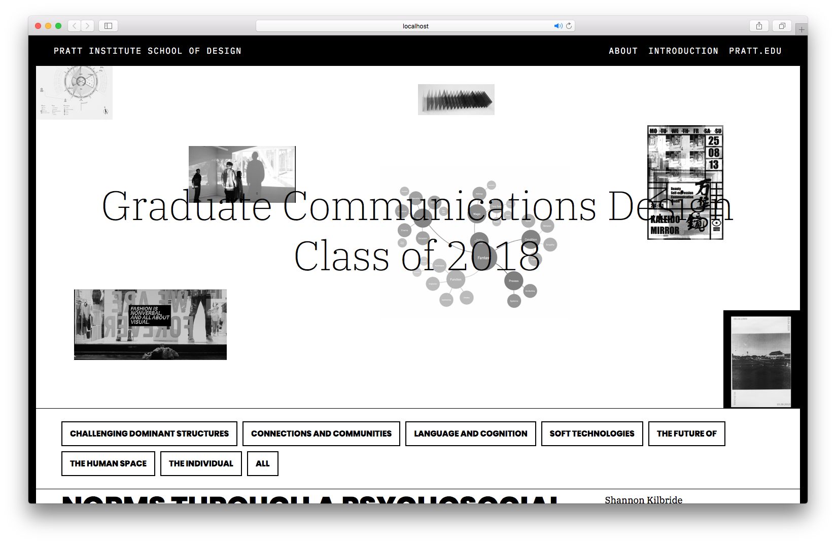 Pratt Institute Graduate Communications Design Class of 2018 website homepage with navigation menu and student work samples